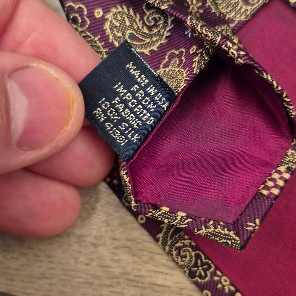 POLO‎ RAPH LAUREN Metallic Purple Beige Paisley USA Hand Made Mens Silk Tie VTG